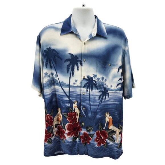 Vintage Croft & Barrow Mens Large Hawaiian Shirt Pinup Girl Tropical Floral Palm - Picture 1 of 11